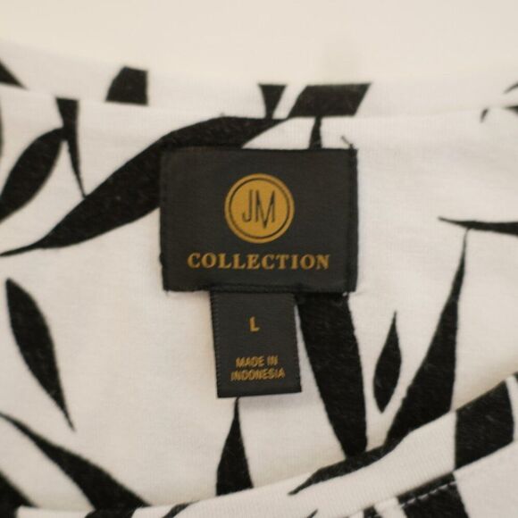 Jm Collection White And Black Leaf Print Scoop Neck Top Large Short Sleeve Rayon - Picture 7 of 8
